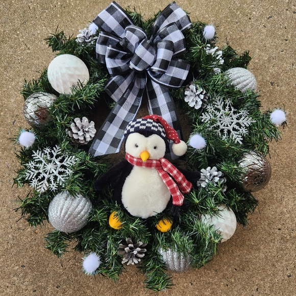 Handmade Other - Buffalo Plaid Penguin Christmas Wreath